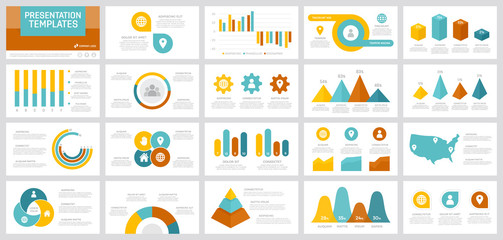 Wall Mural - Set of yellow, blue, orange and turquoise elements for multipurpose presentation template slides with graphs and charts.