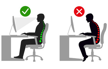 ergonomics - silhouette of correct and incorrect sitting posture when using a computer