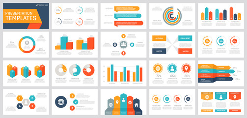 Wall Mural - Set of grey, yellow, turquoise, orange and dark blue elements for multipurpose presentation template slides with graphs and charts.