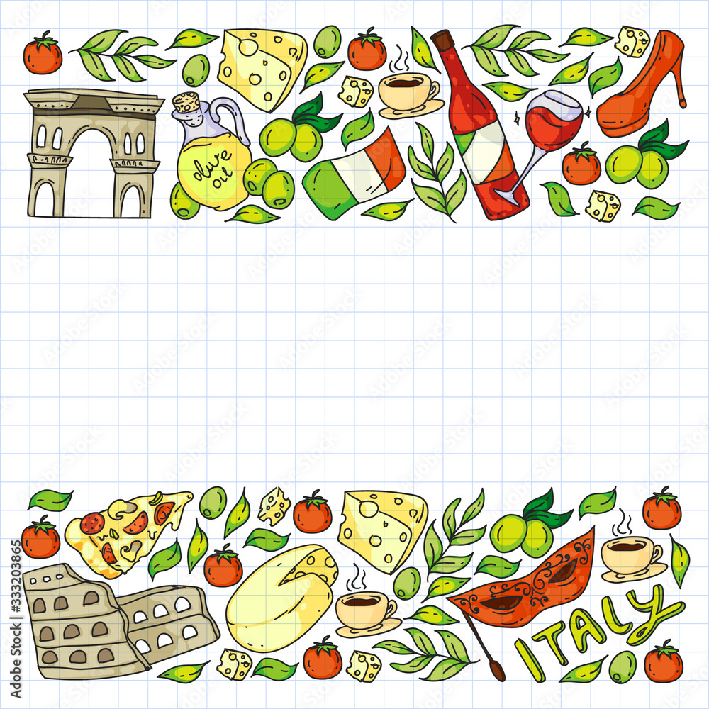Italian Restaurant Graphics Romatic Italy. Order italian cuisine delivery, food online. Vector set of icons ...