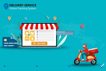 Concept of delivery service with online tracking system, a man riding scooter in front of laptop which the display contain list of products, customer rating and review in route of shipments background