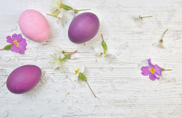 easter eggs painted in pink and purple on a table among spring flowers and petals