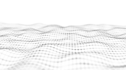 Abstract white futuristic background. Big data visualization. Digital dynamic wave of particles. 3D rendering.