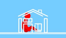 Red Stick Man Self-isolated In House, Psychology Concept. Blue Background. 