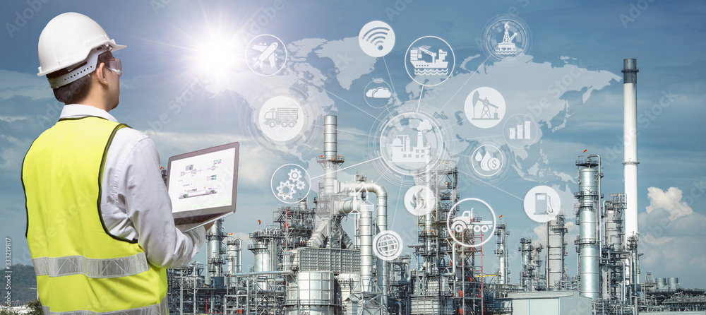 Industry 4.0 of oil and gas refining process of refinery plant, Double exposure of engineer working, Industrial energy system network icons concept. - obrazy, fototapety, plakaty 