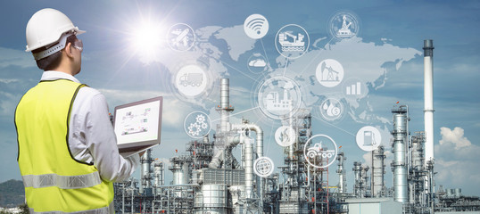 industry 4.0 of oil and gas refining process of refinery plant, double exposure of engineer working,
