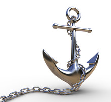 3d Render Of Shiny Steel Anchor With Chrome Link Chain