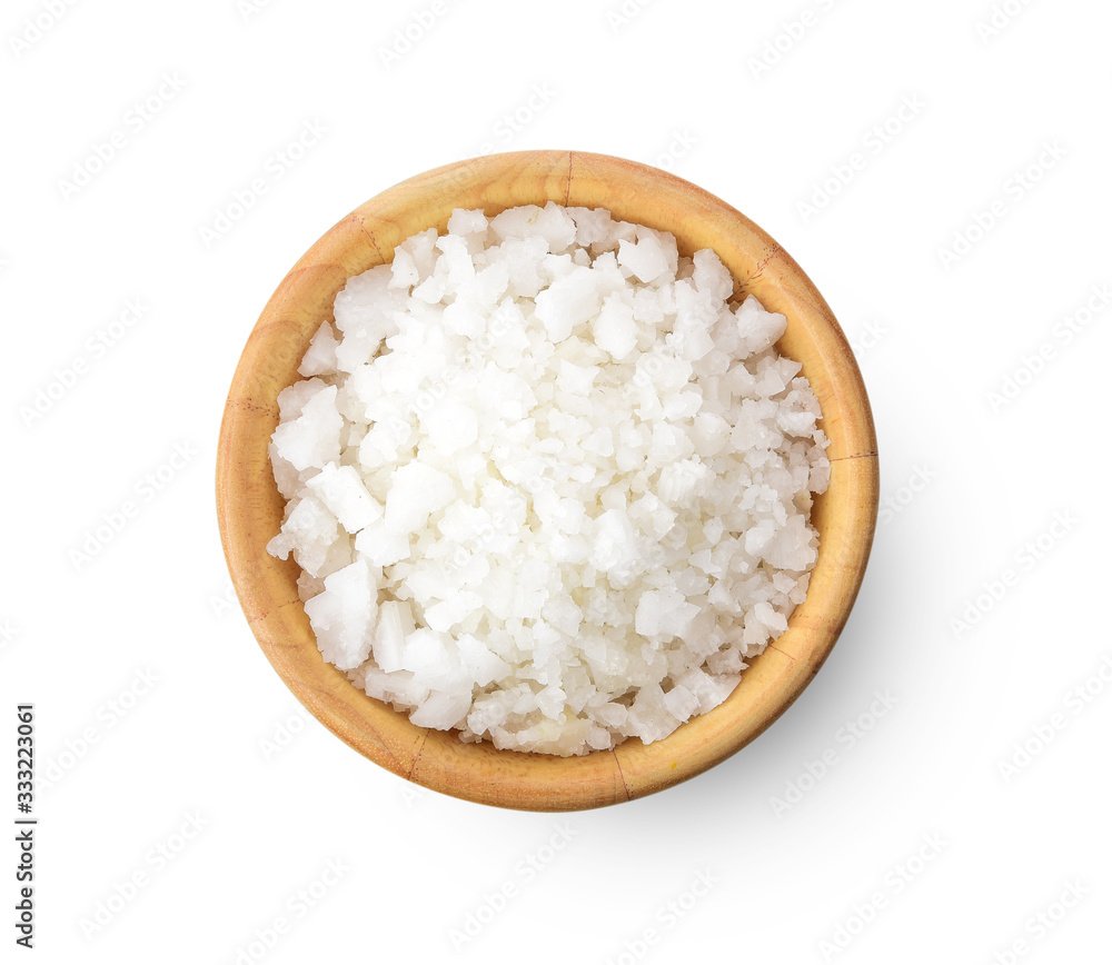 salt in a wooden bowl isolated on white background - obrazy, fototapety, plakaty 