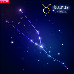 Wall Mural - Zodiacal constellation with bright stars. Star sign and dates of birth on deep space background. Astrology horoscope with unique positive people personality traits vector illustration.