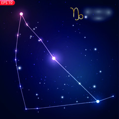 Wall Mural - Zodiacal constellation with bright stars. Star sign and dates of birth on deep space background. Astrology horoscope with unique positive people personality traits vector illustration.