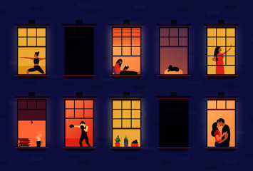 Neighbors in apartment windows. Cartoon neighborhood house building exterior with people in opened windows, indoors apartment set flat style. Vector illustration