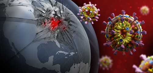 3D render of globe - USA attacked by coronavirus - pandemia covid-19 w United States of America