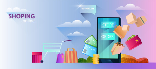 Web banner Shopping Online with smartphone, wallet, payment cards, cart, packages and boxes. Online store background in flat style with copy space for advertisements, landing pages, flyers
