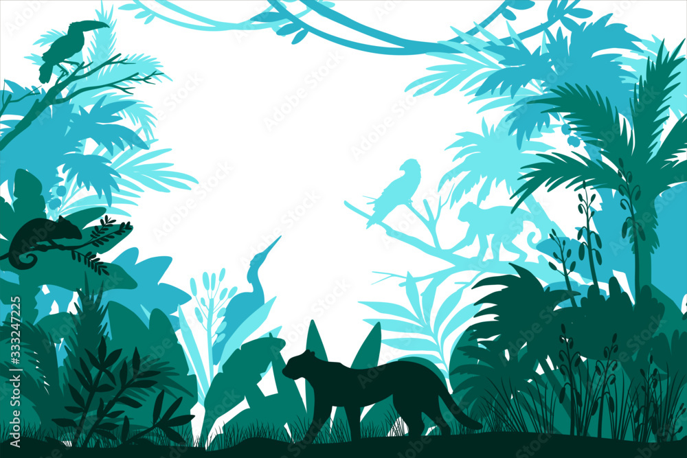 Vector rainforest frame with parrot, lizard, monkey, leopard, palm trees, liana. Ecological tropical banner with exotic flora and fauna. Jungle background with silhouettes of animals, plants and birds