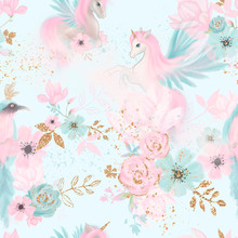 Fairy Magical Garden. Unicorn Seamless Pattern, Pink, Blue, Gold Flowers, Leaves , Birds And Clouds. Kids Room Wallpaper