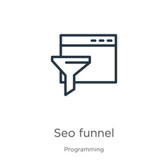 Seo funnel icon. Thin linear seo funnel outline icon isolated on white background from programming collection. Line vector sign, symbol for web and mobile