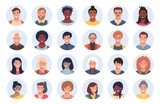 Fototapeta  - Set of persons, avatars, people heads of different ethnicity and age in flat style. Multi nationality social networks people faces collection.