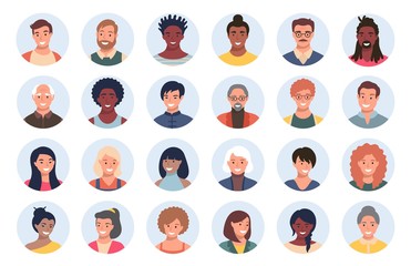 Set of persons, avatars, people heads of different ethnicity and age in flat style. Multi nationality social networks people faces collection.