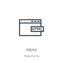 Html icon. Thin linear html outline icon isolated on white background from programming collection. Line vector sign, symbol for web and mobile