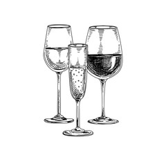 Wall Mural - Composition of wineglasses, wine and champagne, hand drawn vector illustration.