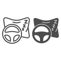 Wall Mural - Sleeping driver on road line and solid icon. Pillow and vehicle steering wheel symbol, outline style pictogram on white background. Car accident sign for mobile concept or web design. Vector graphics.