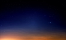 Blue Starry Sky Landscape At Dusk Against Red Sunset Clouds Background Wide View Of Universe With Stars Constellation In Deep Space Bright Planet At Twilight Astronomy Nature Wallpaper