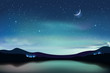 Mountain lake with dark turquoise starry sky and a crescent moon, night sky realistic background, vector illustration.