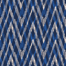 Hand-Drawn Indigo Colored Ikat Weave Chevron Vector Seamless Pattern. Modern Retro Zig-Zag Gaometric Print, Perfect For Textiles, Fashion, Background. Feminine Tribal Boho Texture