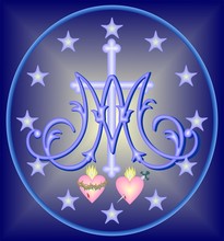 Religious Medal Of The Immaculate Conception, Baroque Monogram M, The Cross, Symbols Of Two Hearts, Surrounded By Twelve Stars