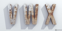 Old Rusty Metal. Letters V, W, X. Alphabet Retro 3d Render. Isolated In White Background. (removes The Background In One Click.)