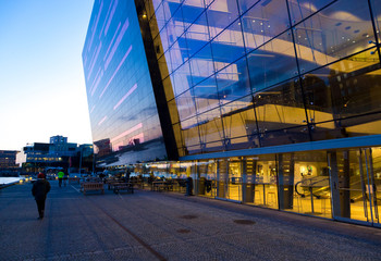 modern buildings on Copenhagen embankment, evening view