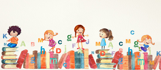 Wall Mural - Books and children. Watercolor school banner.