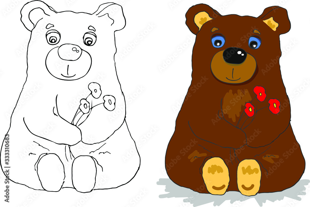 Coloring page for kids entertainment, funny bear with flowers painting ...