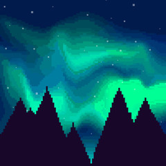 Pixel art night sky, Aurora Borealis, Northern Lights Effect. Pixel background 8 bit.