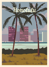 Retro Poster Honolulu City Skyline Vector Illustration.