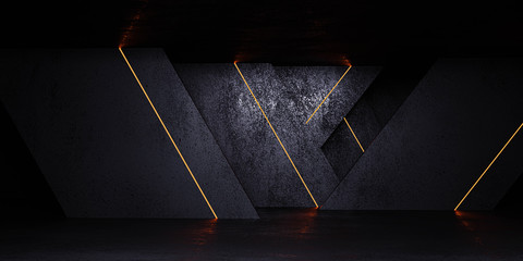 modern geometric shapes black, dark and gray abstract cement wall background with artificial orange neon lighting 3d render illustration