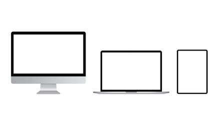 set of blank monitors. Tablet, laptop and monoblock monitor with blank screen isolated on white background. Vector illustration eps 10.