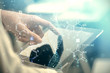 © peshkova - Double exposure of man's hands holding and using a phone and DNA drawing. Medical education concept.