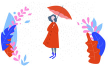 Girl On Rainy Day, Happy Girl Holding Umbrella On Rainy Day. 