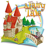 Fototapeta Londyn - Font design for word a fairy tale with big castle and knight in background