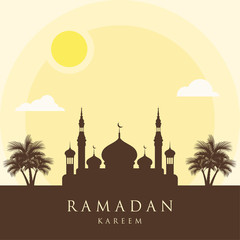 Ramadan kareem square background. Flat design  vector illustration with mosque and sun , place for text greeting card and banner. Ramadan mubarak celebration greeting design