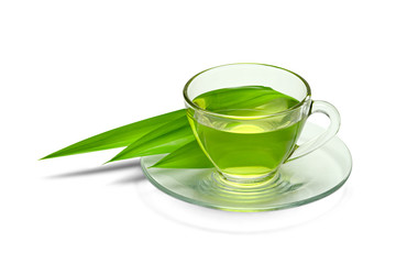 Canvas Print - hot pandan Juice with green pandan leaves isolated on white background  ,include clipping path