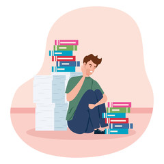 Sticker - man with stress attack and pile documents vector illustration design