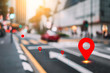 Blur traffic road and colorful bokeh light and old building town abstract background with navigator gps location. Copy space of transportation and travel concept.