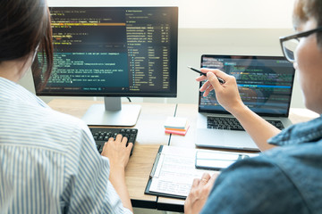 collaborative work software engineers website developer technologies or programmer working coding on
