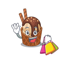 Poster - Happy rich coffee ice cream mascot design waving and holding Shopping bag