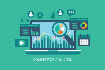 Competitor data analysis, market research, and strategy development flat vector concept with icons