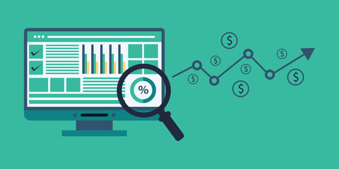 market business research strategy, data analysis development banner in flat vector concept