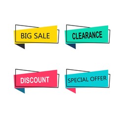 Wall Mural - Flat linear promotion ribbon banner, scroll, price tag, sticker, badge, poster. Vector illustration