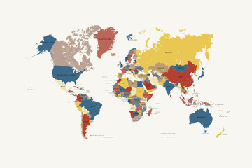 coloured world map. colourful world countries and countries names. vector illustration.